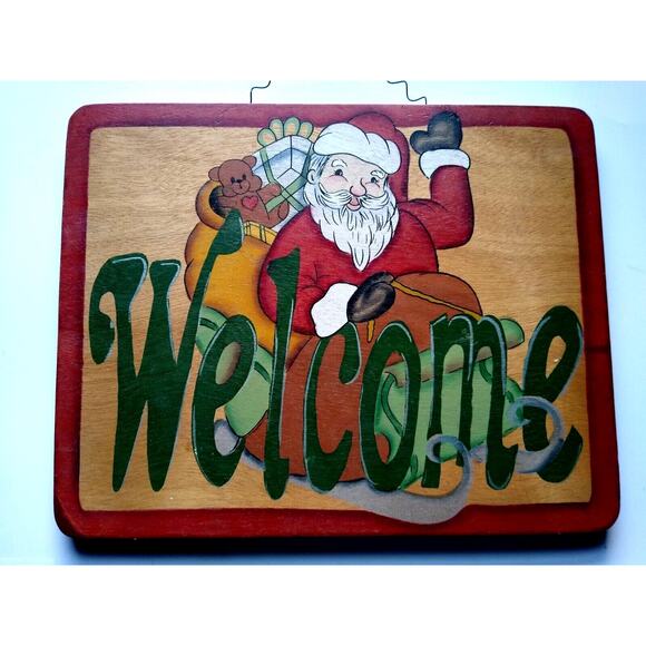 Welcome Santa Claus In Sled Christmas Wood Sign Plaque 13" x 10" Holiday Decor - Picture 2 of 5
